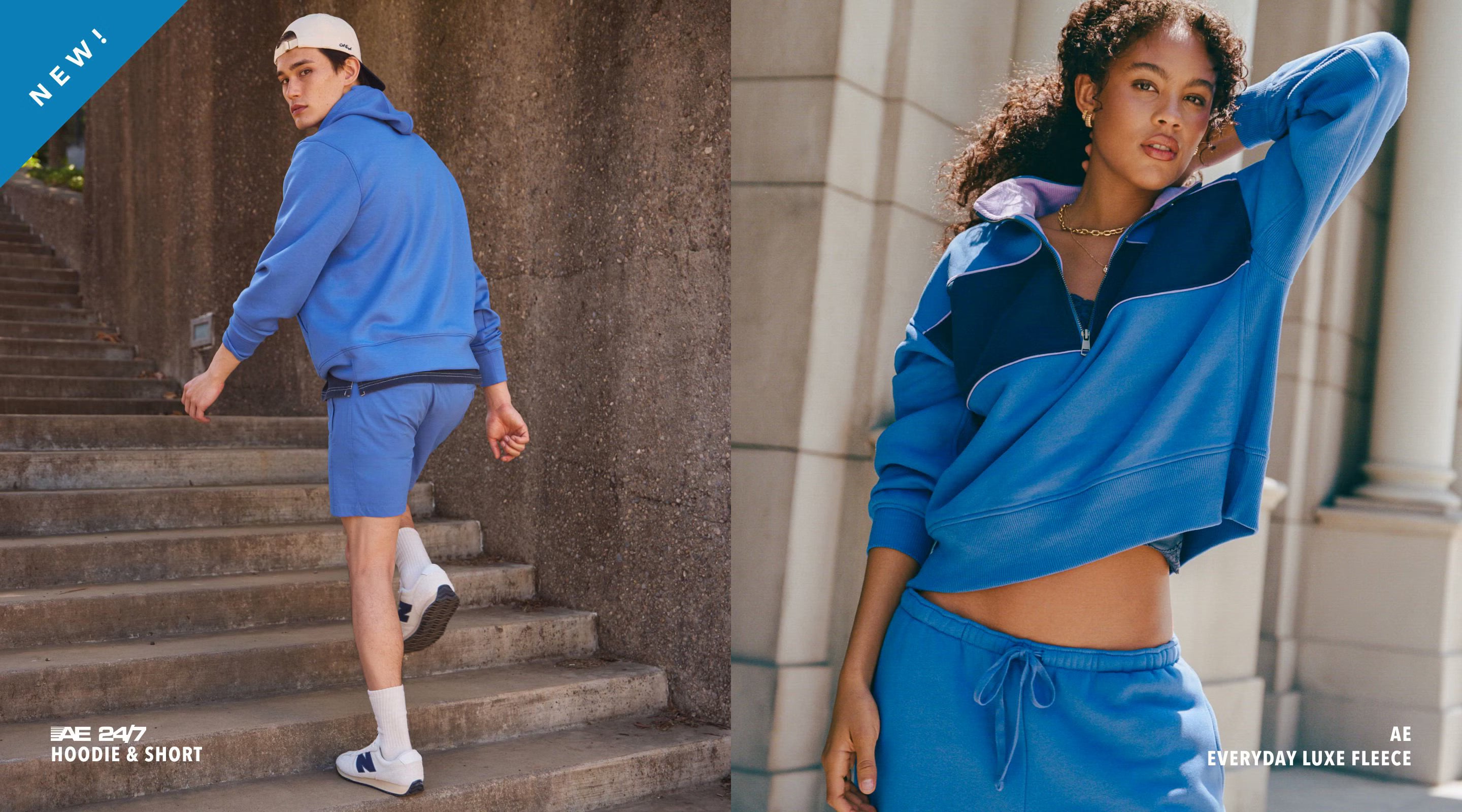 Models wearing blue sweatshirts